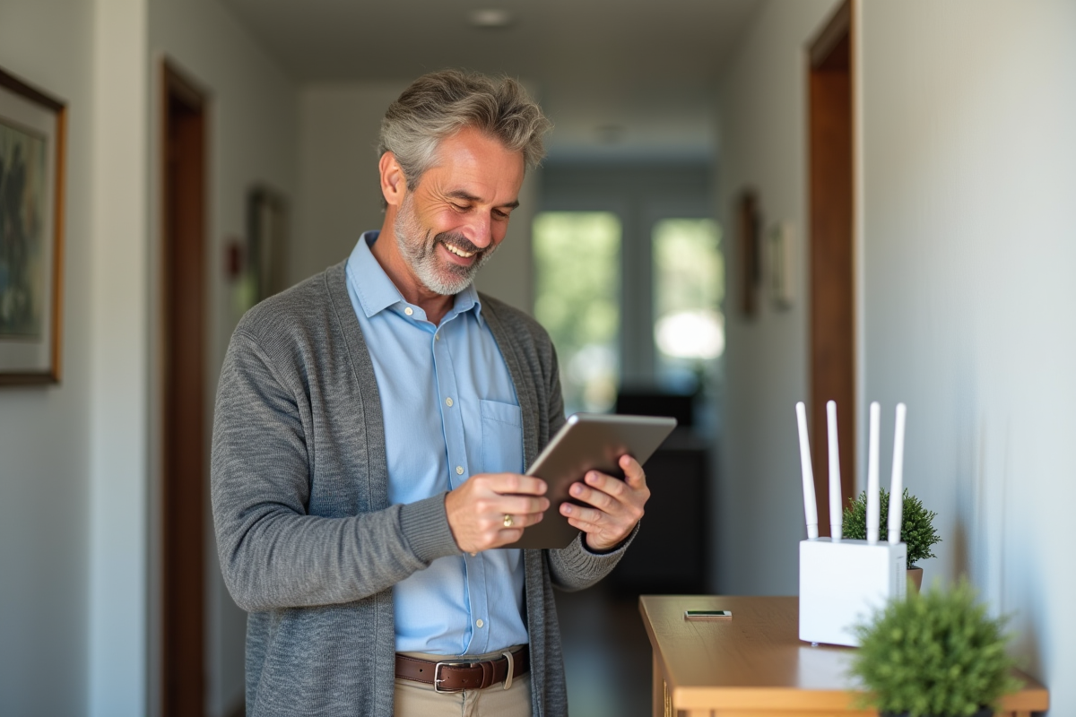 Homme vérifiant le routeur WiFi dans un couloir lumineux