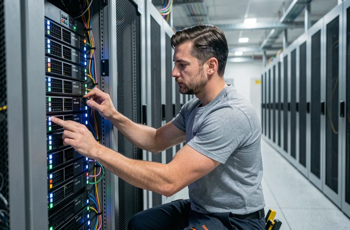 Ingénieur Iconet installant un panneau de brassage fibre optique dans un data center professionnel