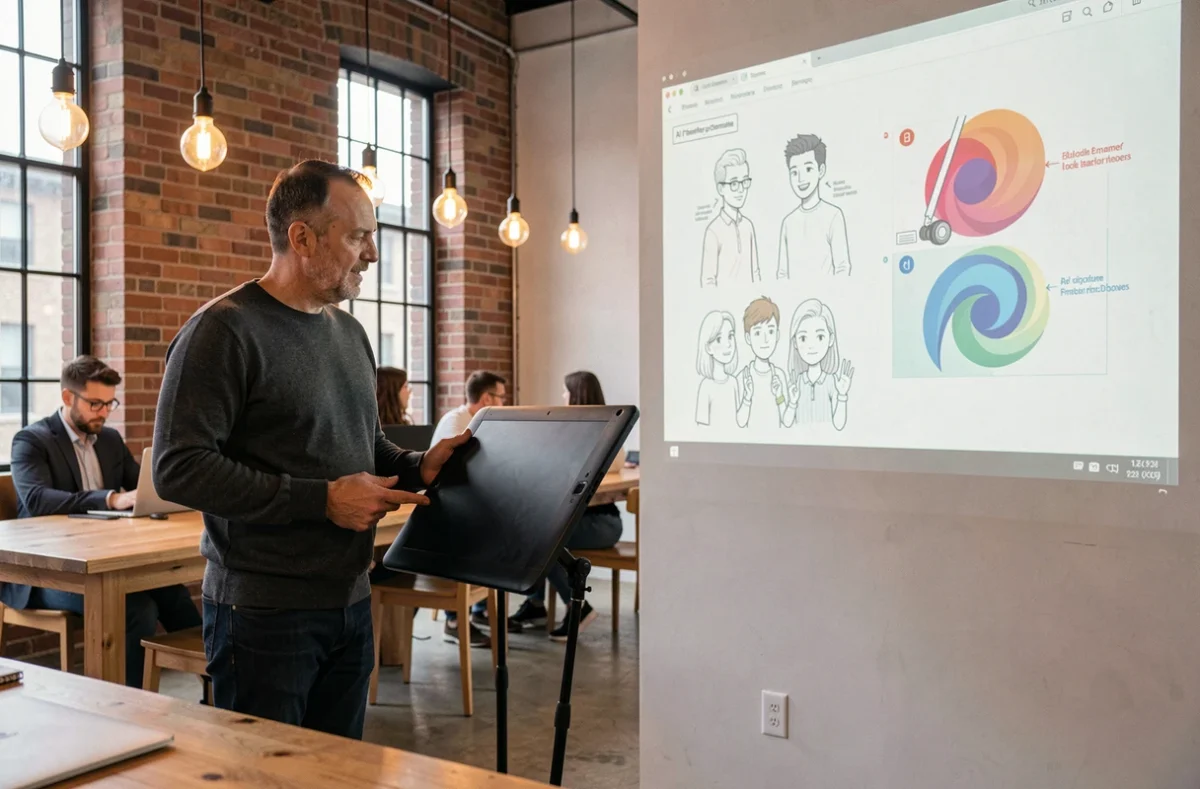 Illustrateur présentant des comparaisons de style artistique personnel et de génération IA dans un espace de coworking créatif