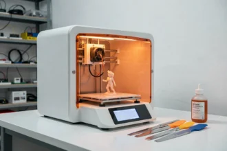 Imprimante 3D résine professionnelle sur un établi de laboratoire avec une pièce en cours d'impression et des outils de post-traitement