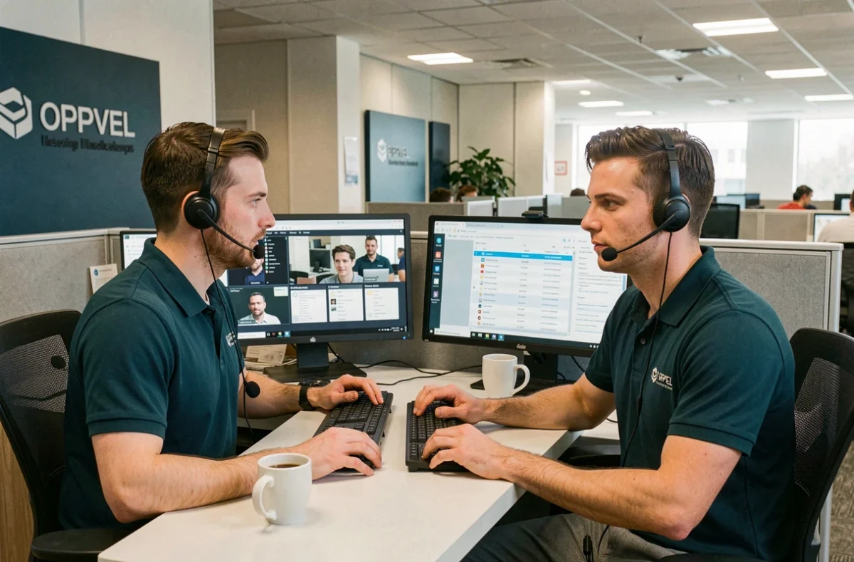 Deux techniciens Infodeos au poste de help desk gérant des sessions de support à distance sur plusieurs écrans