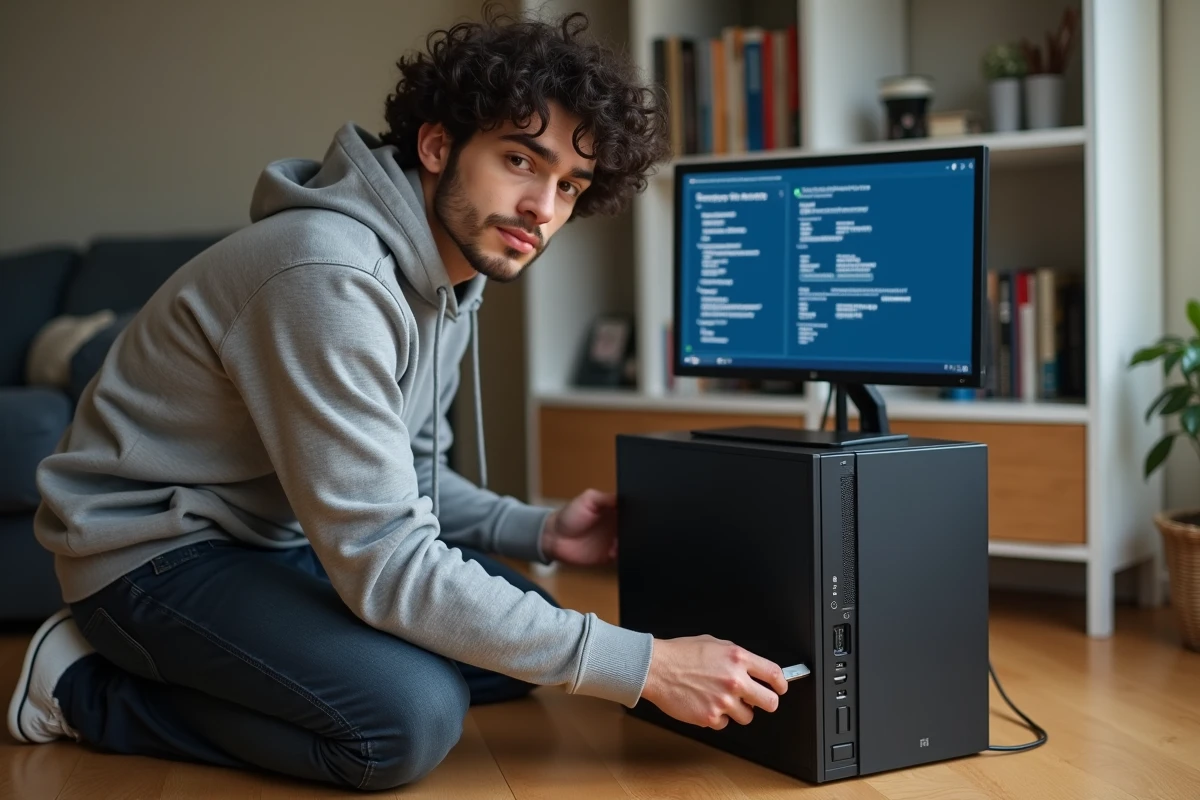 Jeune homme connectant une clé USB pour démarrer l'installation de Windows 7 sur un PC de bureau à domicile