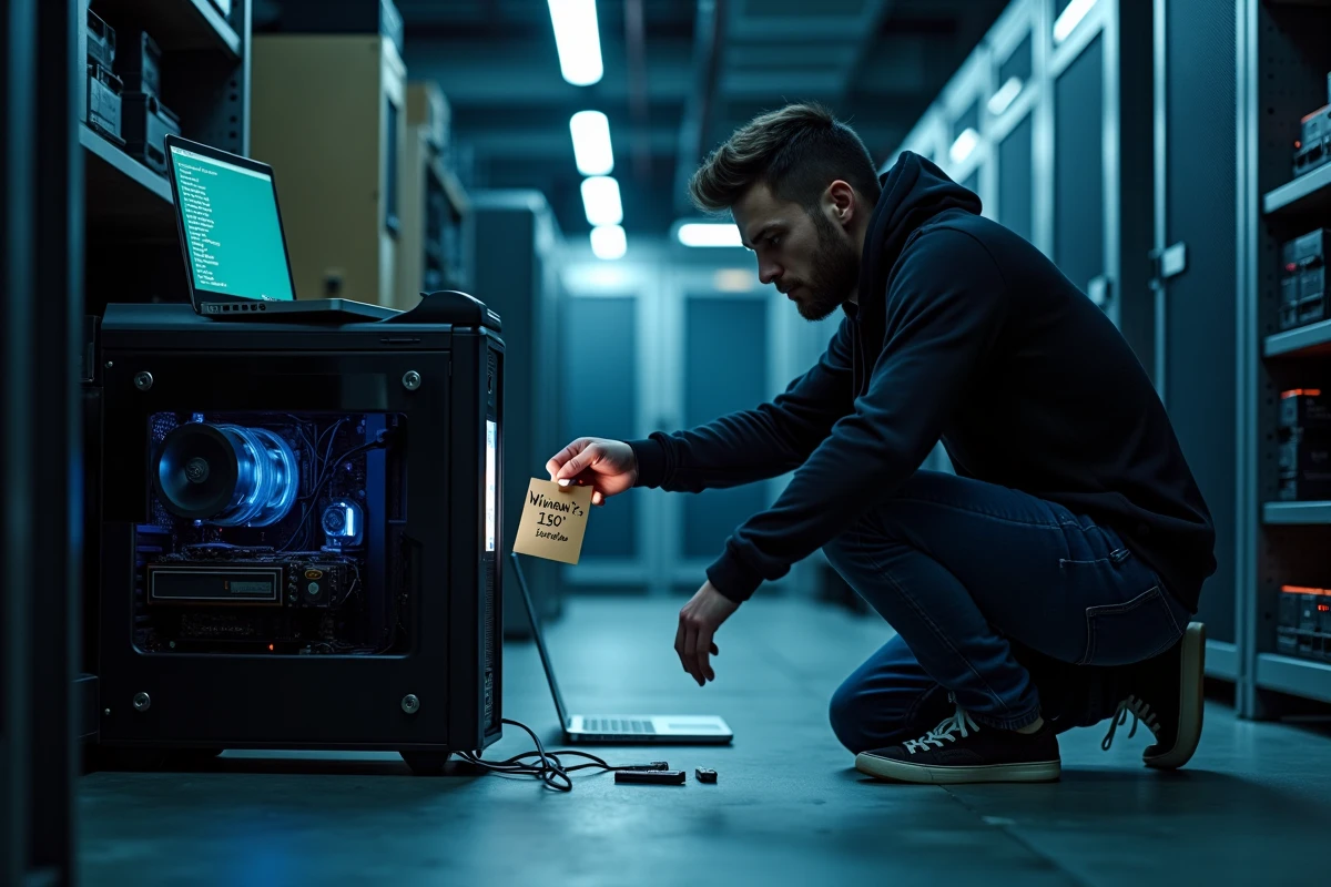 Développeur installant Windows 7 depuis une clé USB bootable dans un environnement de salle serveur avec vérification de somme de contrôle
