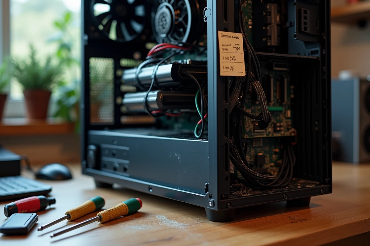 Intérieur d'un PC gamer mal configuré avec câbles enchevêtrés et ventilateurs poussiéreux gaspillant de l'énergie