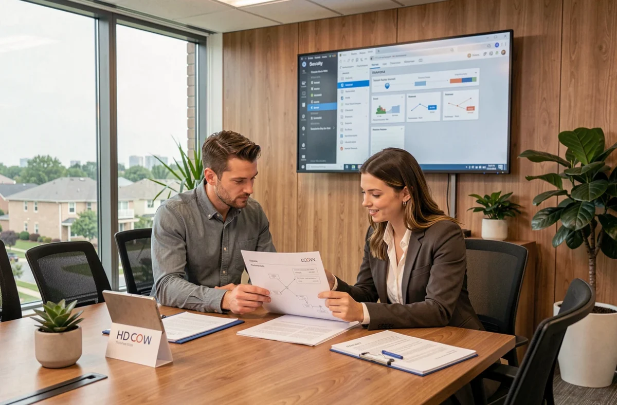 Équipe IPE en réunion de consulting informatique examinant un audit d'infrastructure réseau dans un bureau moderne