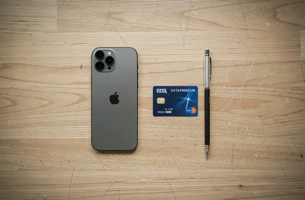 Vue de dessus d'un iPhone 12 posé à côté d'une carte bancaire pour comparer les dimensions