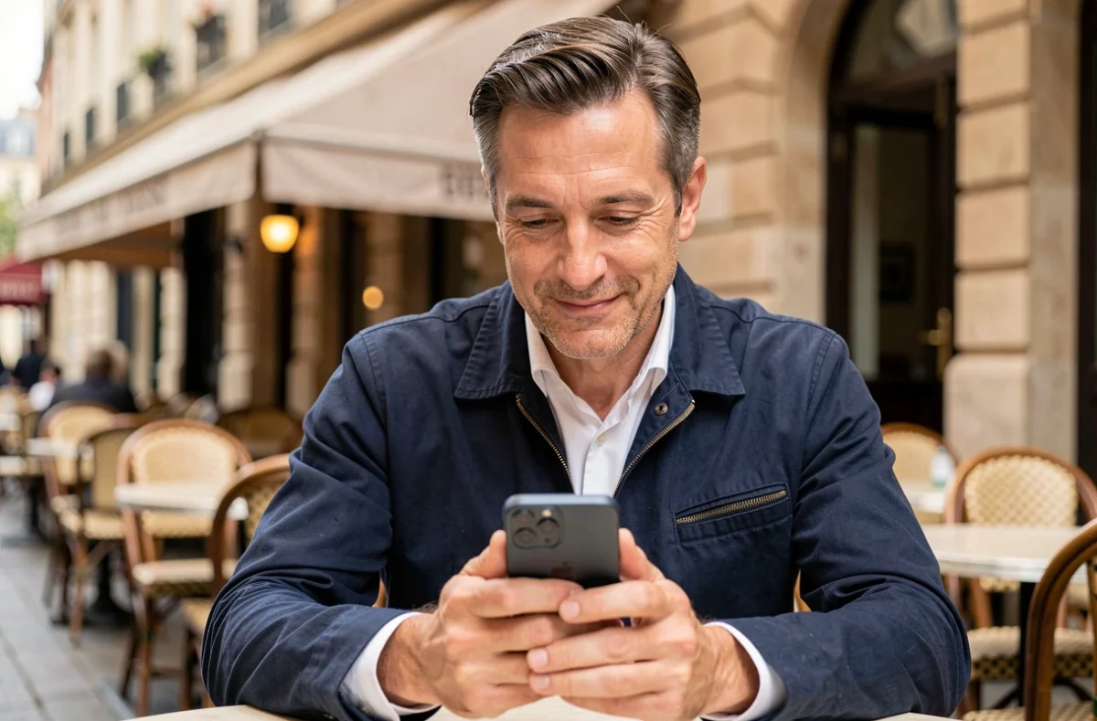 Homme consultant son iPhone 12 en terrasse de café, montrant le format compact du téléphone en situation réelle