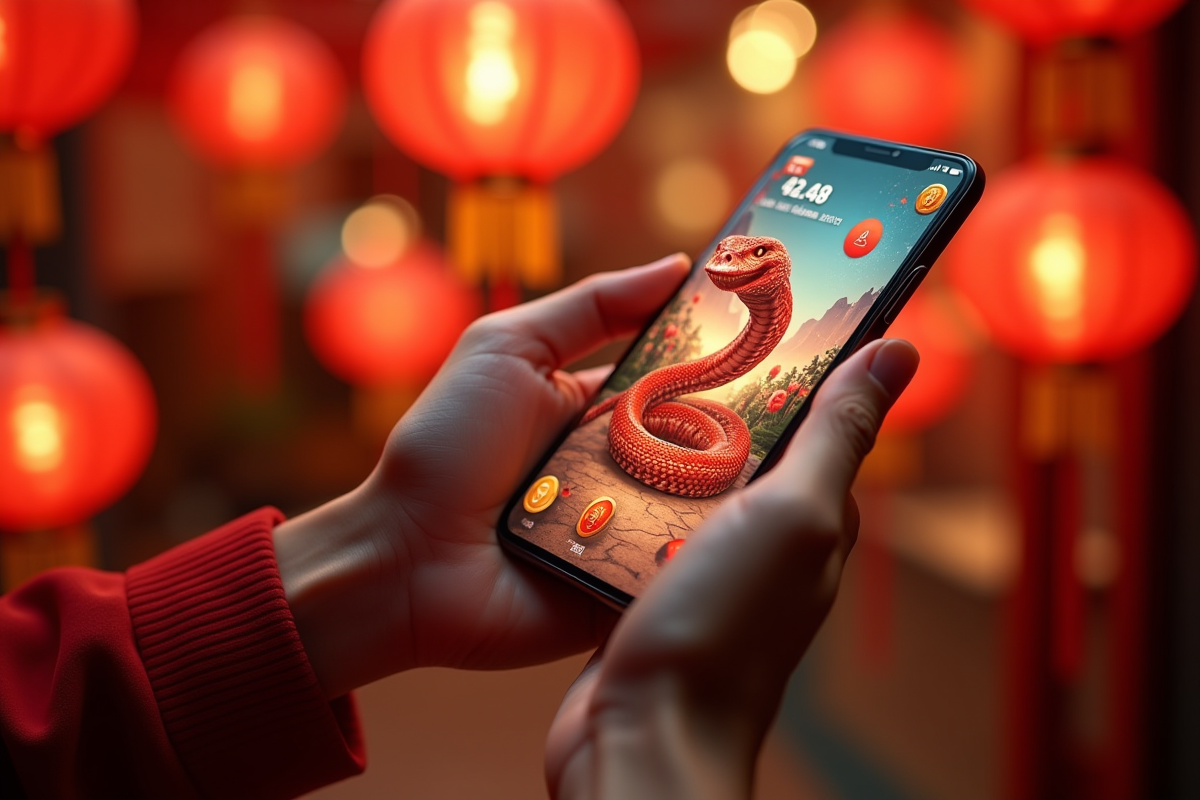 Main tenant un smartphone avec jeu snake et decorations du nouvel an chinois