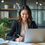 Jeune comptable femme concentrée sur son ordinateur dans un bureau professionnel