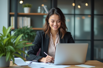 Jeune comptable femme concentrée sur son ordinateur dans un bureau professionnel