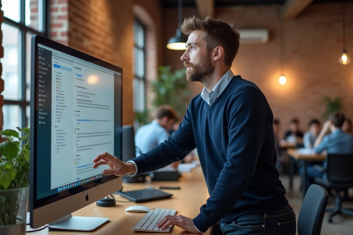 Jeune diplômé analysant une interface de messagerie électronique dans un espace de coworking, illustrant la réflexion sur l'utilisation de Zimbra après l'université de Caen
