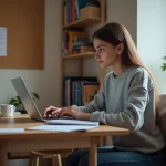 Jeune étudiante universitaire travaillant sur son ordinateur portable