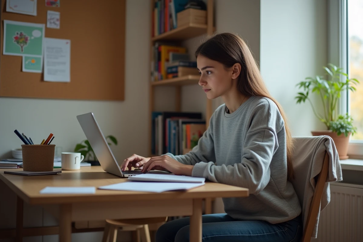 Jeune étudiante universitaire travaillant sur son ordinateur portable