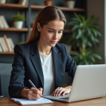 Jeune femme professionnelle analysant des graphiques dans son bureau