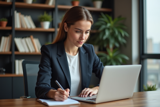 Jeune femme professionnelle analysant des graphiques dans son bureau