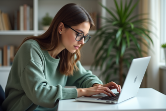 Jeune femme française regardant du code HTML sur son ordinateur