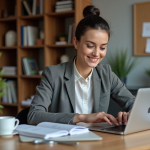 Jeune femme professionnelle travaillant à son bureau à domicile