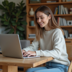Jeune femme souriante utilisant un ordinateur portable dans un salon cosy