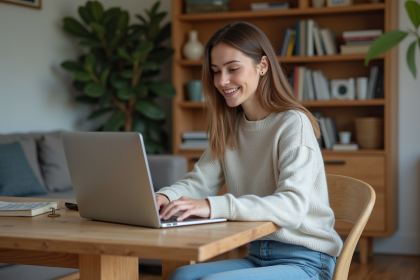 Jeune femme souriante utilisant un ordinateur portable dans un salon cosy
