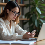 Jeune femme au bureau utilisant OCR sur son ordinateur