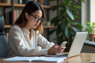 Jeune femme au bureau utilisant OCR sur son ordinateur
