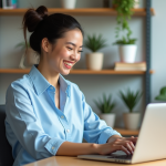 Jeune femme professionnelle souriante travaillant sur son ordinateur dans un bureau lumineux