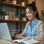 Jeune femme concentrée travaillant sur son ordinateur dans un bureau chaleureux