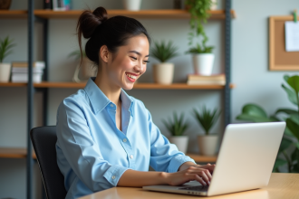 Jeune femme professionnelle souriante travaillant sur son ordinateur dans un bureau lumineux