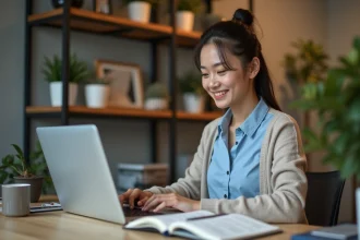 Jeune femme concentrée travaillant sur son ordinateur dans un bureau chaleureux