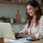 Jeune femme souriante utilisant un ordinateur portable dans la cuisine