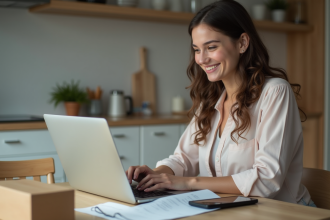 Jeune femme souriante utilisant un ordinateur portable dans la cuisine
