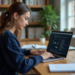 Jeune femme concentrée travaillant sur un algorithme sur son ordinateur