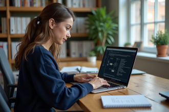 Jeune femme concentrée travaillant sur un algorithme sur son ordinateur