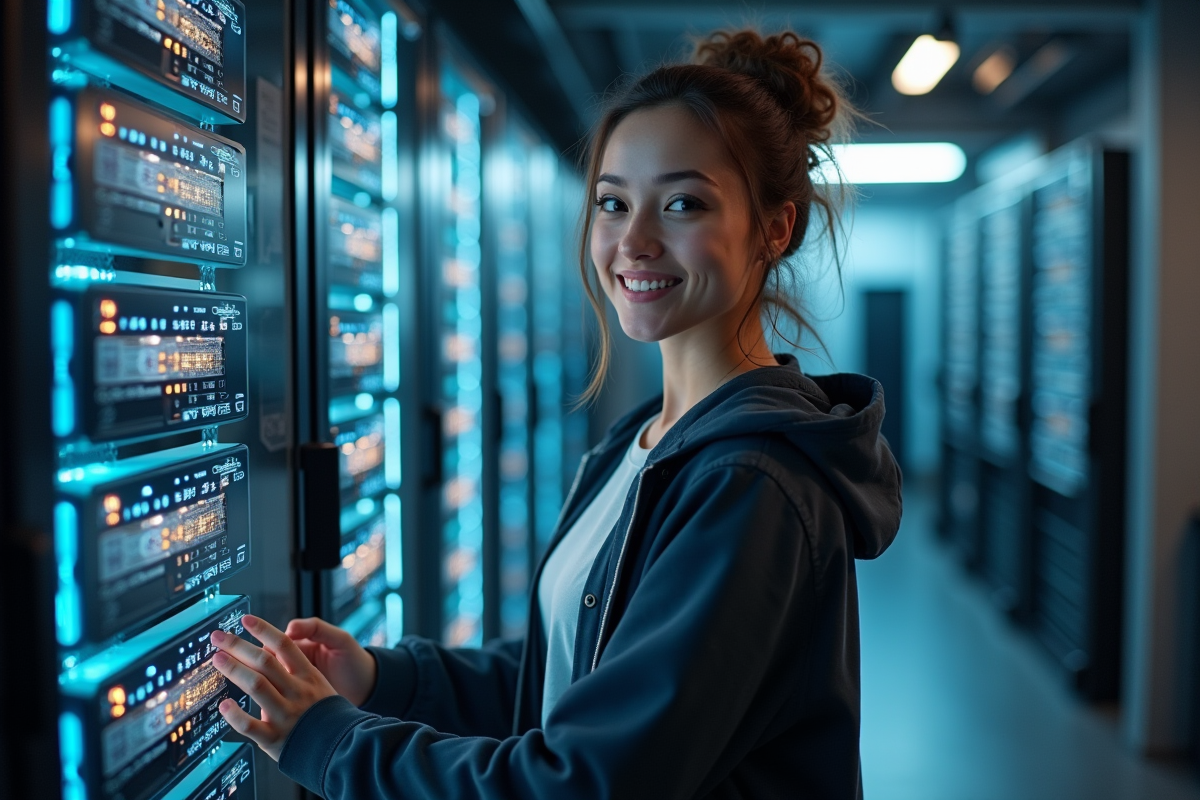 Jeune ingénieure devant un rack de serveurs dans un laboratoire