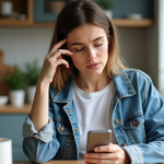 Jeune femme en denim regardant son smartphone dans la cuisine