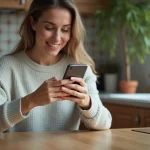Jeune femme explorant les réglages de son smartphone dans une cuisine moderne