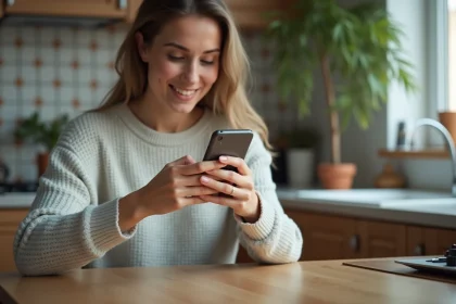 Jeune femme explorant les réglages de son smartphone dans une cuisine moderne