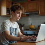 Jeune homme en casual qui regarde Instagram sur son laptop