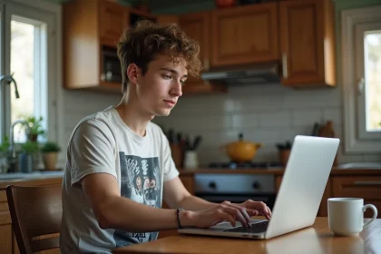 Jeune homme en casual qui regarde Instagram sur son laptop