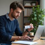 Jeune homme concentré avec carte code clé dans un bureau moderne
