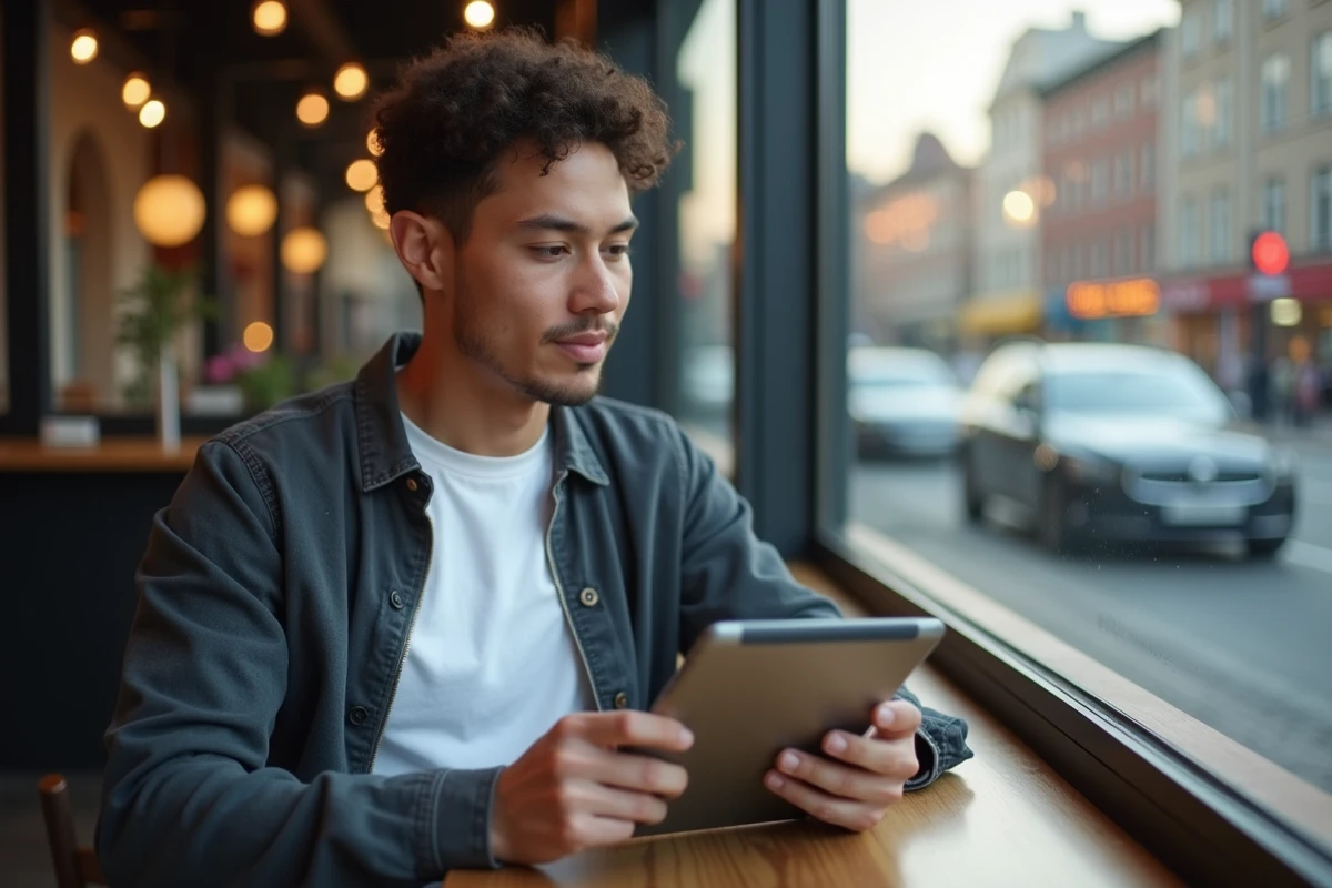 Jeune homme au café utilisant une tablette pour régler ses vidéos