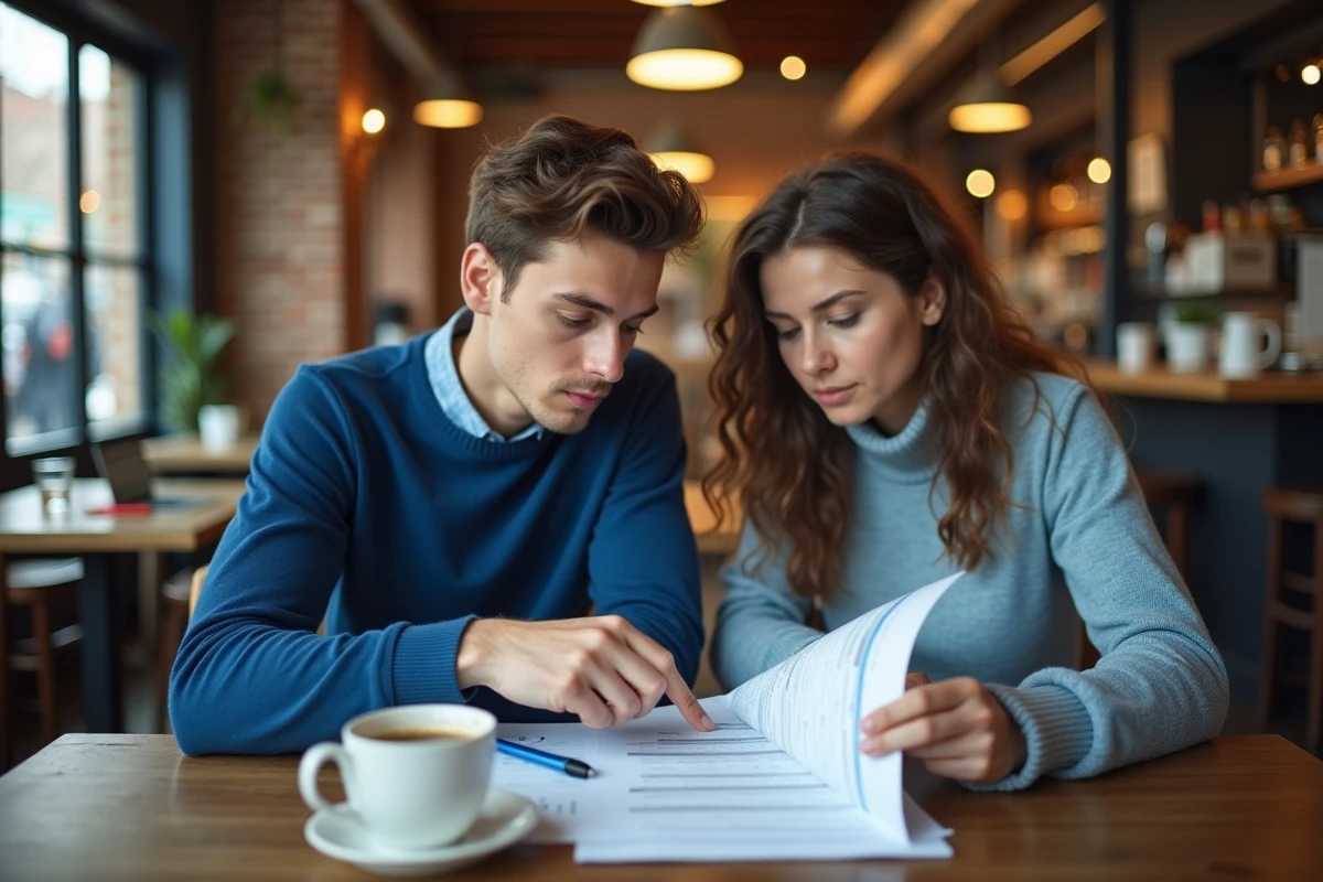 Jeune homme pointant un tableau Excel dans un café