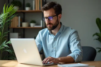 Jeune homme concentré utilisant un ordinateur dans un bureau lumineux