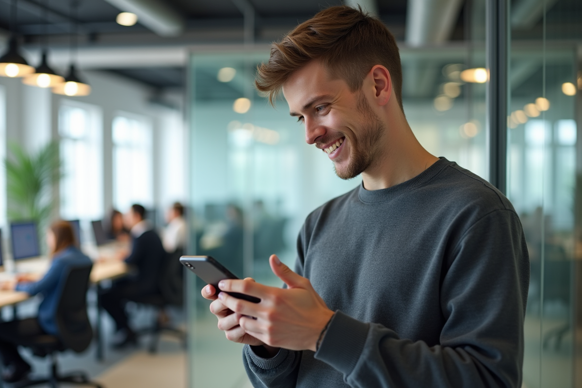 Jeune homme souriant vérifiant une application de transfert en coworking