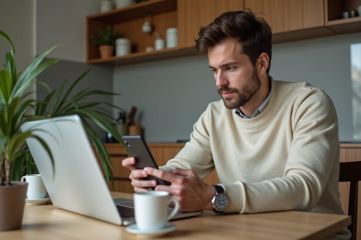 Jeune homme à la maison utilisant son téléphone dans la cuisine