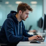 Jeune homme concentré sur son ordinateur dans un lab uni