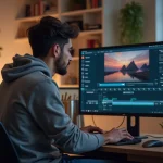 Jeune homme en hoodie ajuste ses réglages vidéo sur son ordinateur