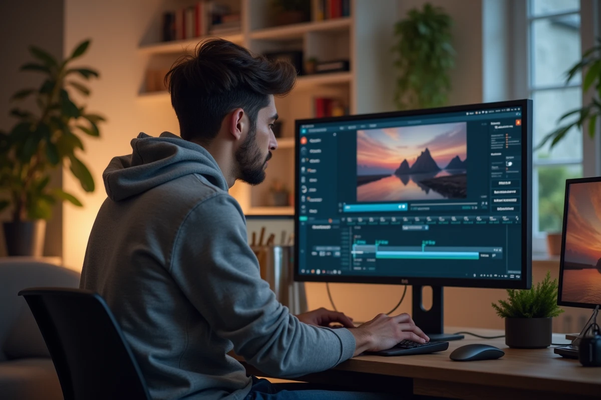 Jeune homme en hoodie ajuste ses réglages vidéo sur son ordinateur