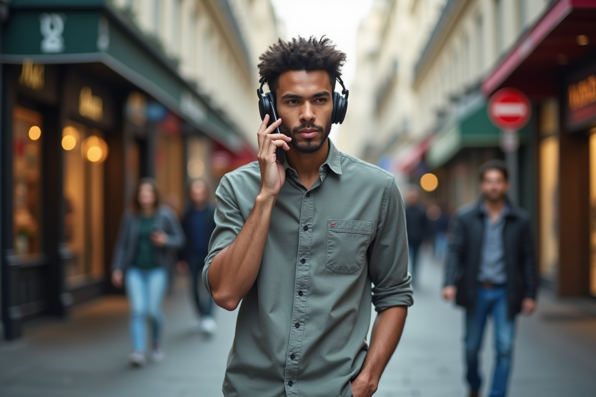 Jeune homme français parlant dans la rue de Paris avec casque audio