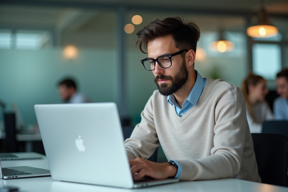 Jeune homme vérifiant ses paramètres de confidentialité sur un ordinateur portable
